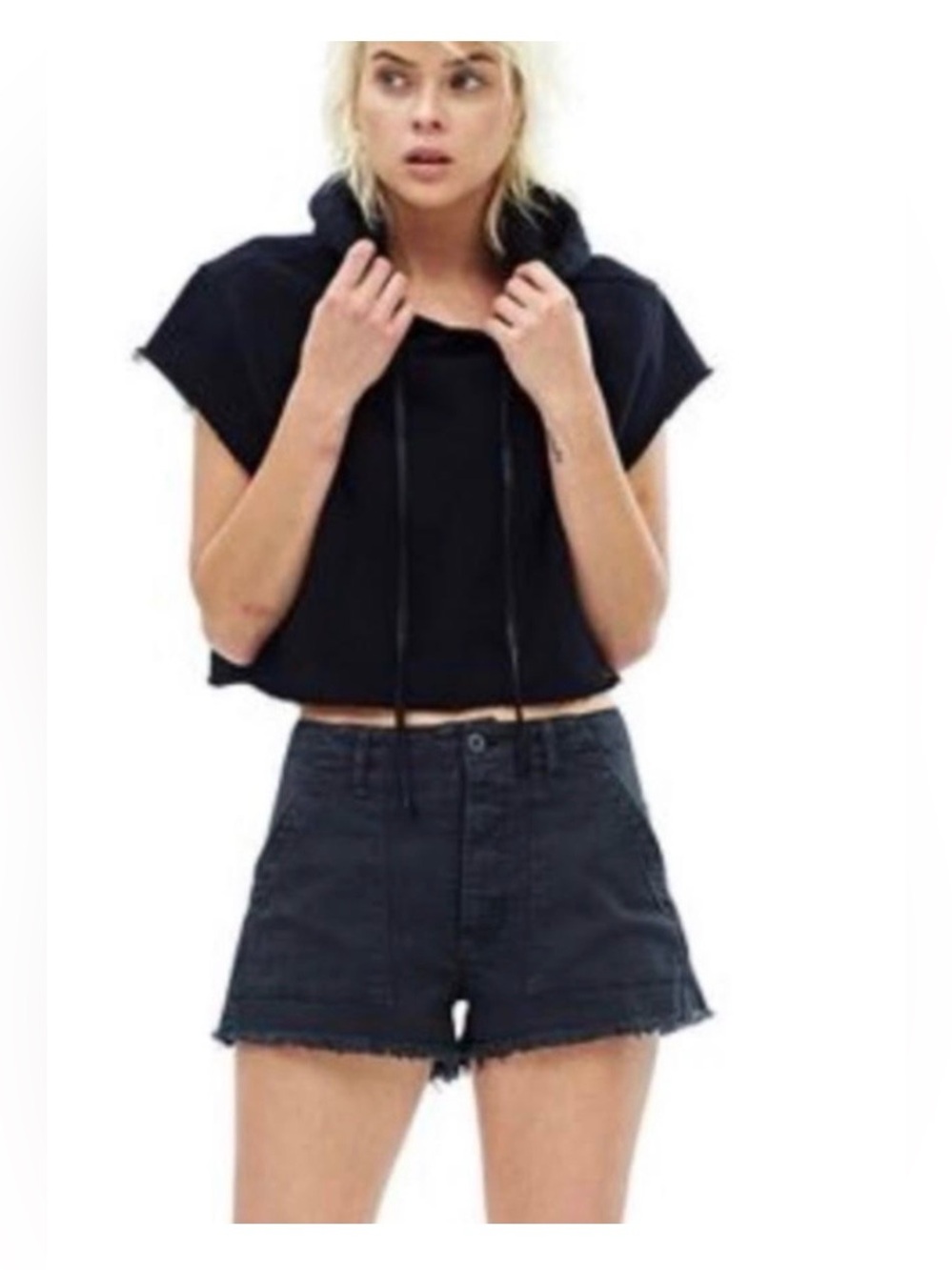 NWT HUDSON MIKA COTTON CARGO UTILITY FRAYED HEM HIGH RISE SHORTS, BLACK, 27/ S